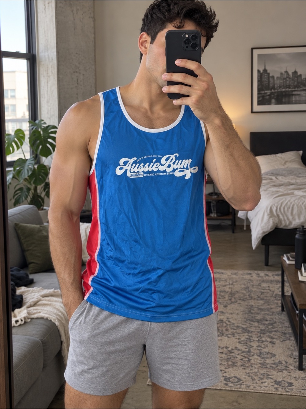 Men's Blue Tank Top Aussie Bum Athletic Singlet with Red Side Panels